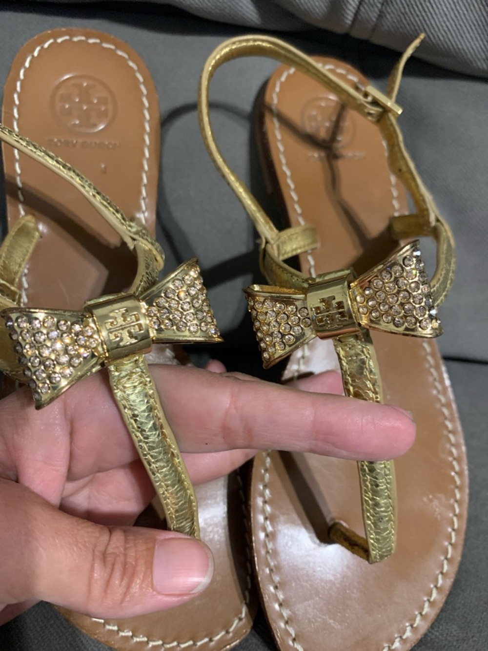 Tory Burch Metallic Gold Crystal Bow T-Strap Sandals